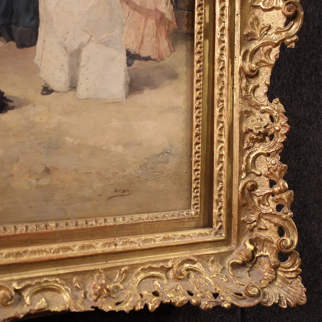 Spanish painting with flamenco dancer, signed Galgos 7