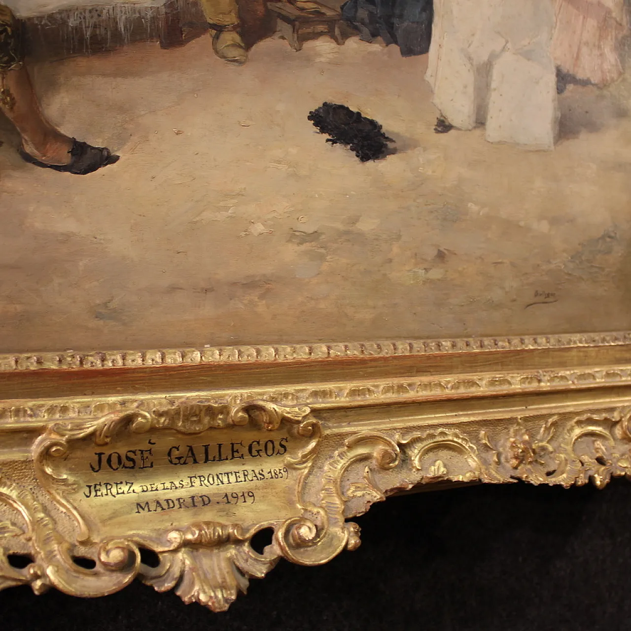 Spanish painting with flamenco dancer, signed Galgos 11