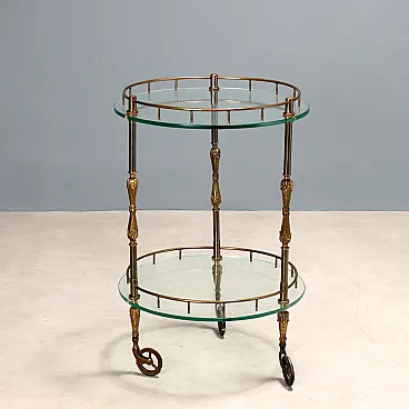 Carrello da servizio in bronzo, cristallo e ottone, '900