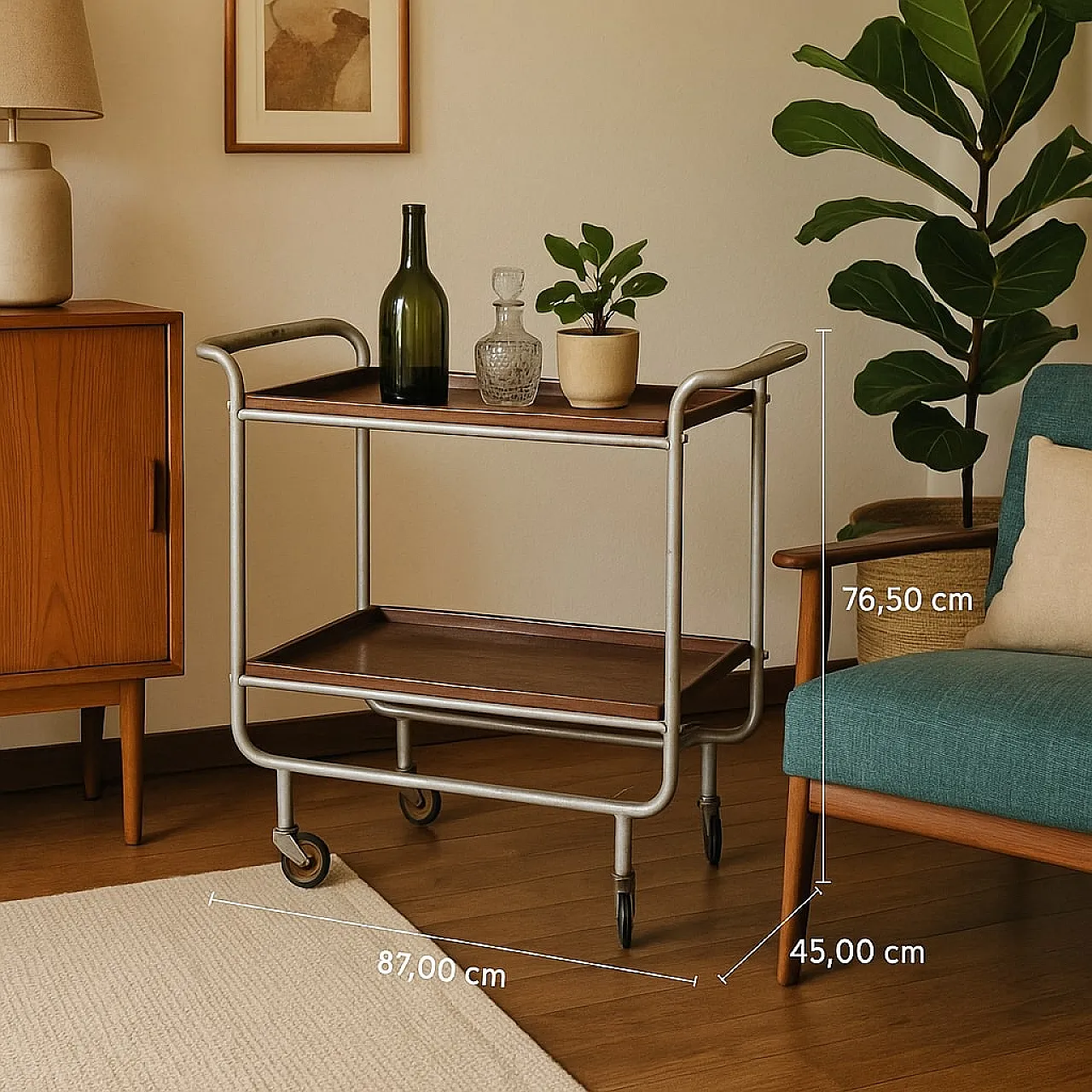 Carrello di servizio in pioppo impiallacciato e metallo, metà '900 2