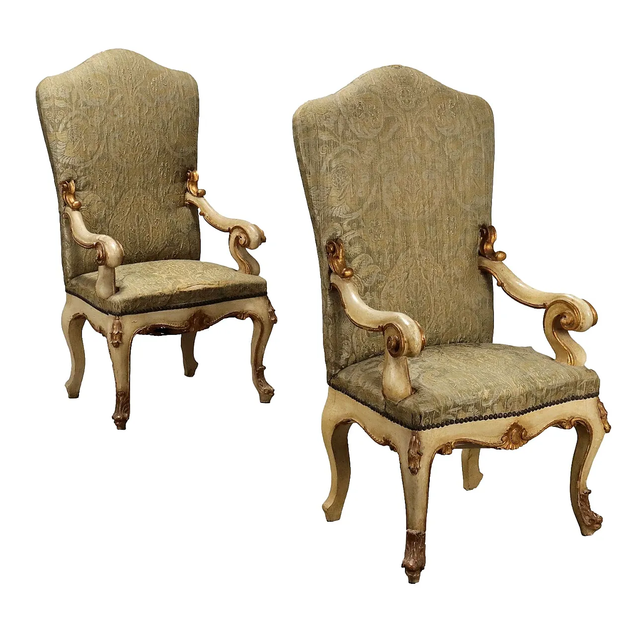 Pair of carved & gilded chairs with brocade fabric, 19th century 1