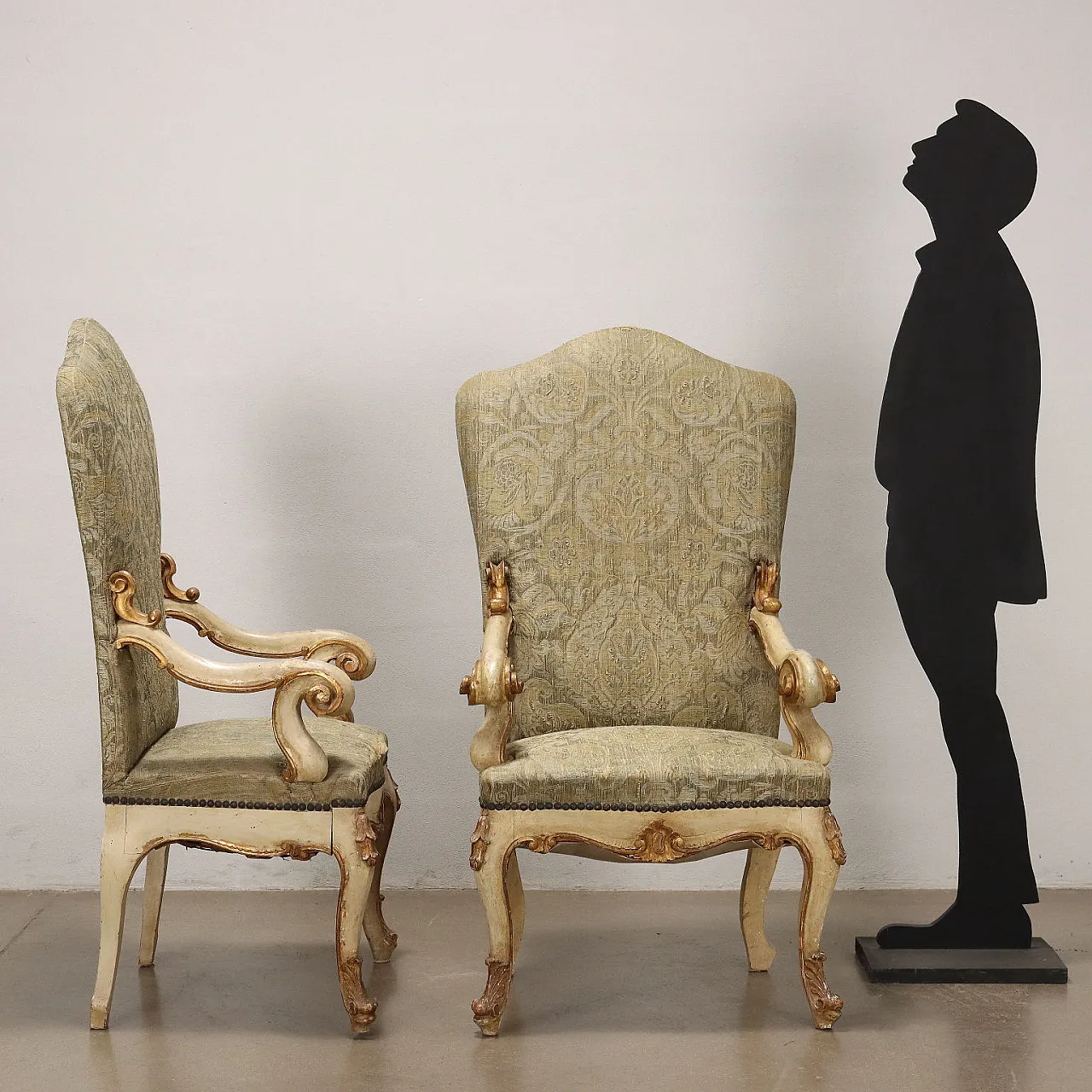 Pair of carved & gilded chairs with brocade fabric, 19th century 2