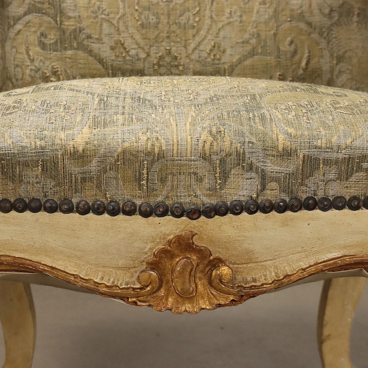 Pair of carved & gilded chairs with brocade fabric, 19th century 8