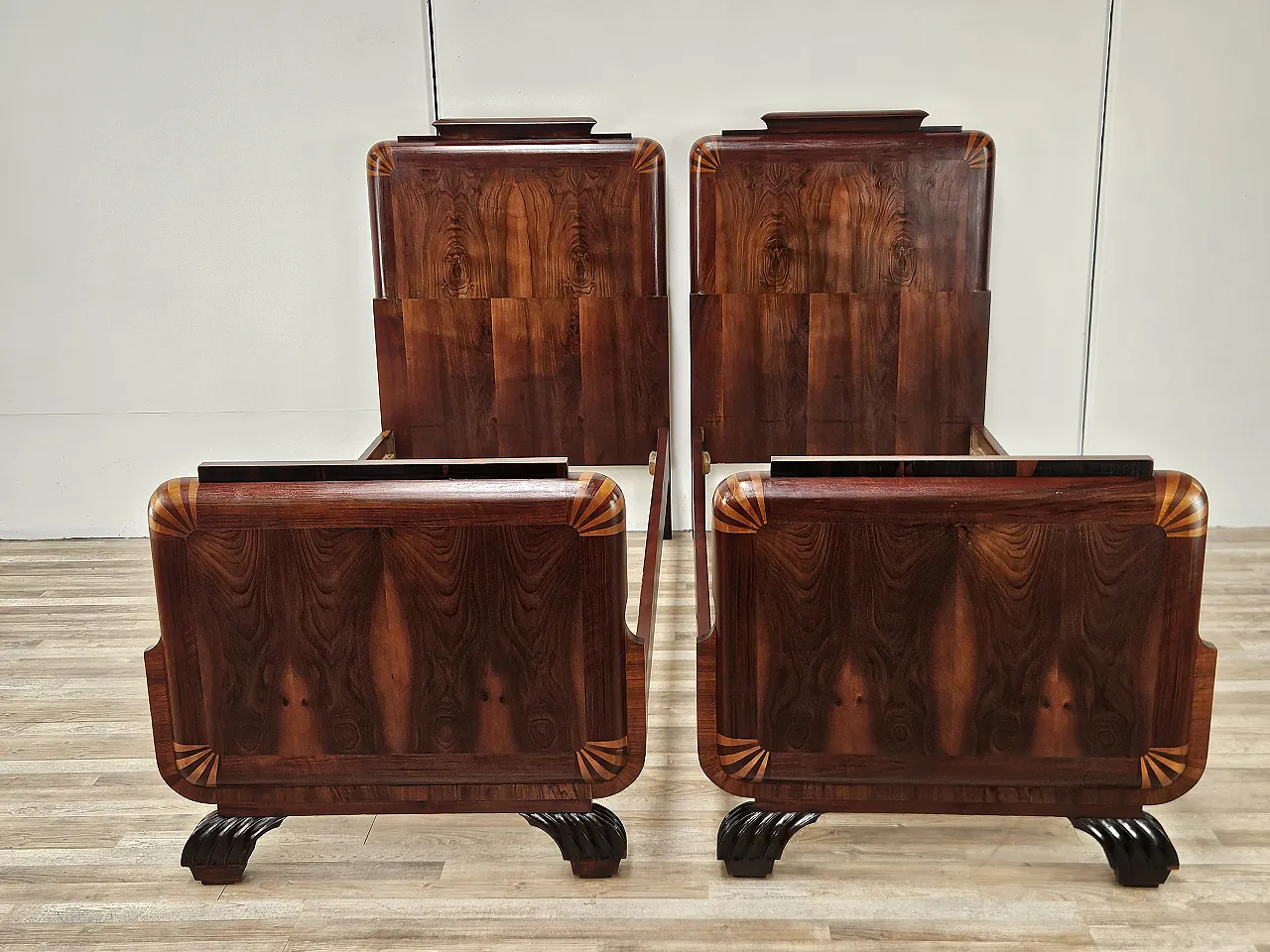 Pair of single beds art deco in mahogany and pink maple 1