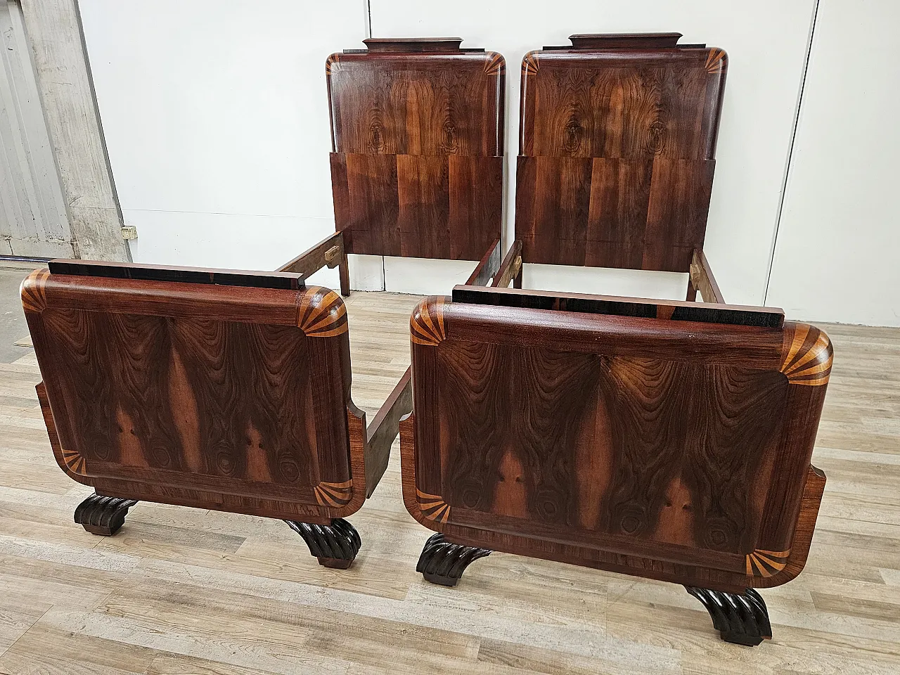 Pair of single beds art deco in mahogany and pink maple 2