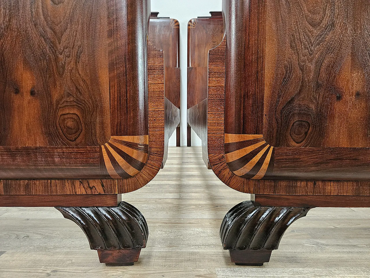 Pair of single beds art deco in mahogany and pink maple 17