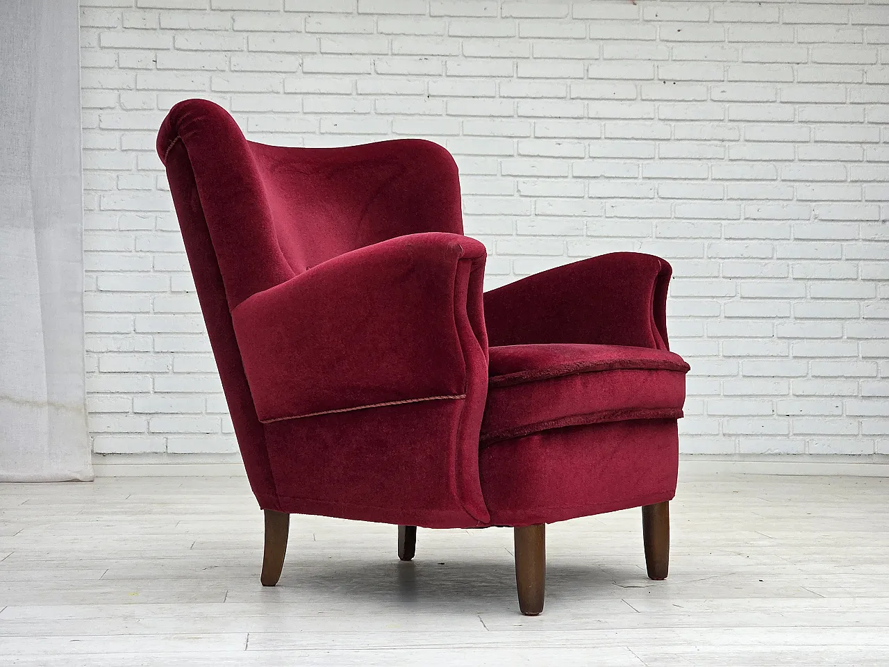 Danish armchair, cherry-red furniture velour, beech wood legs, 1960s 1