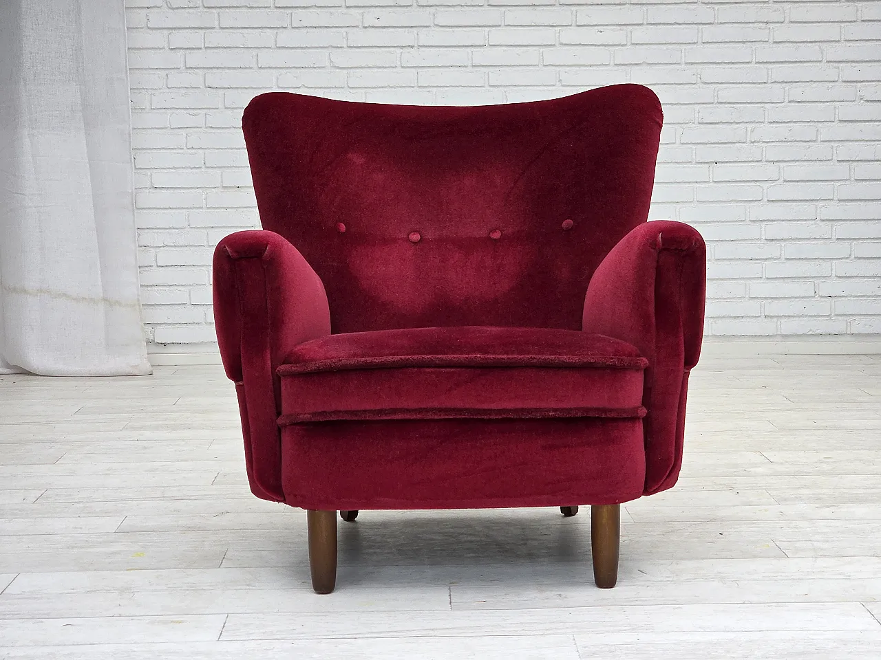 Danish armchair, cherry-red furniture velour, beech wood legs, 1960s 2