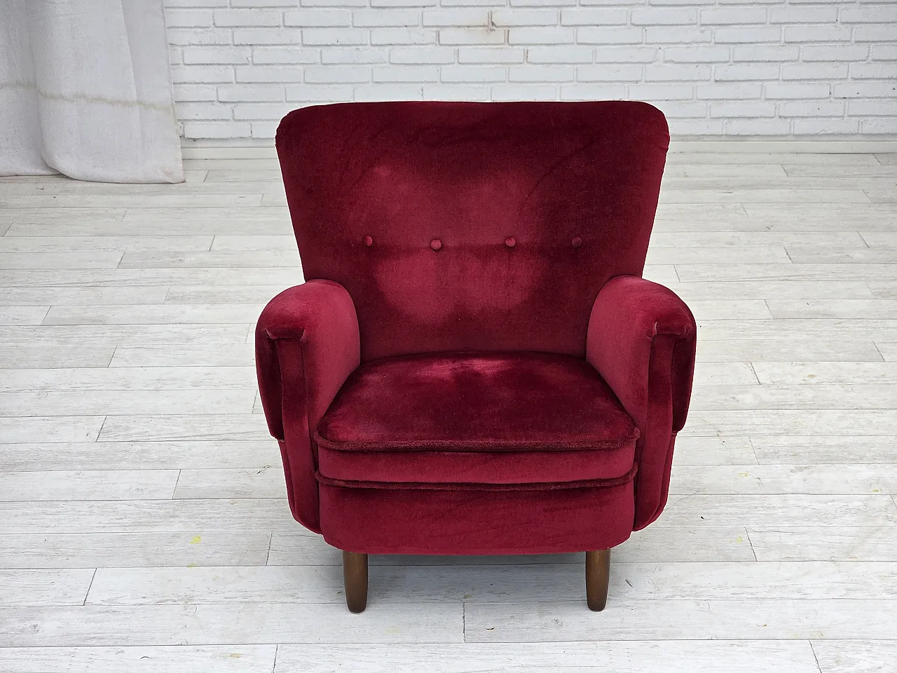 Danish armchair, cherry-red furniture velour, beech wood legs, 1960s 3