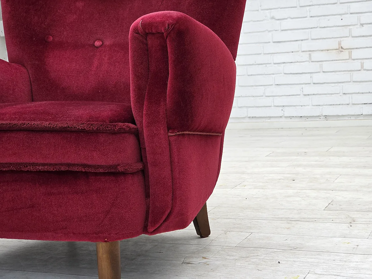 Danish armchair, cherry-red furniture velour, beech wood legs, 1960s 4