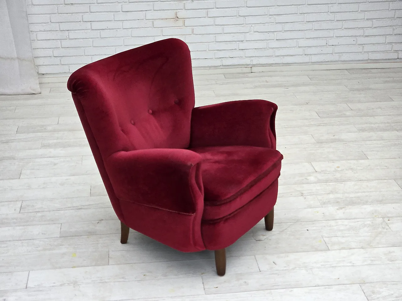 Danish armchair, cherry-red furniture velour, beech wood legs, 1960s 6