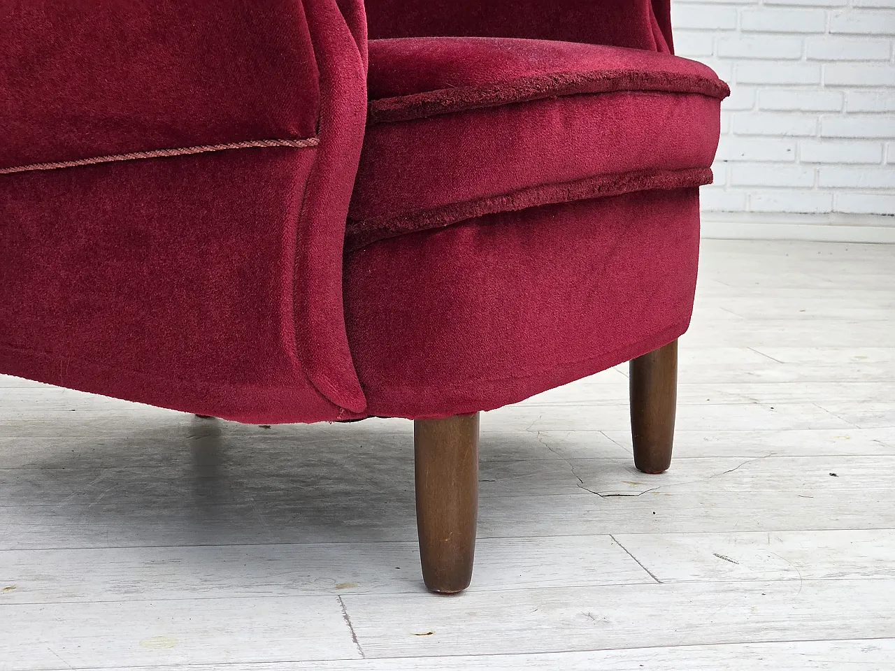 Danish armchair, cherry-red furniture velour, beech wood legs, 1960s 7