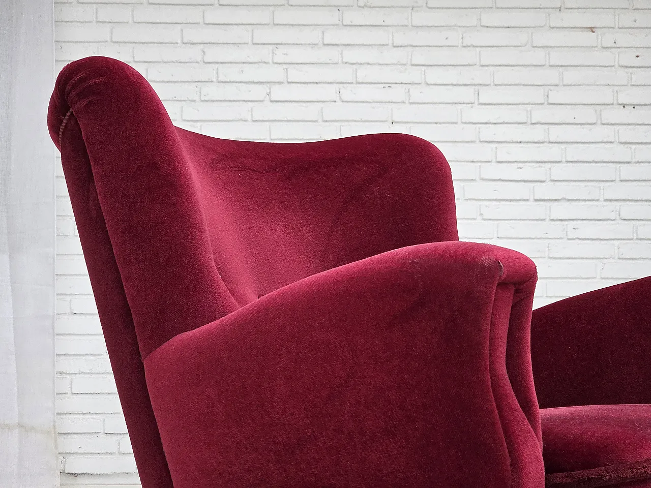 Danish armchair, cherry-red furniture velour, beech wood legs, 1960s 8