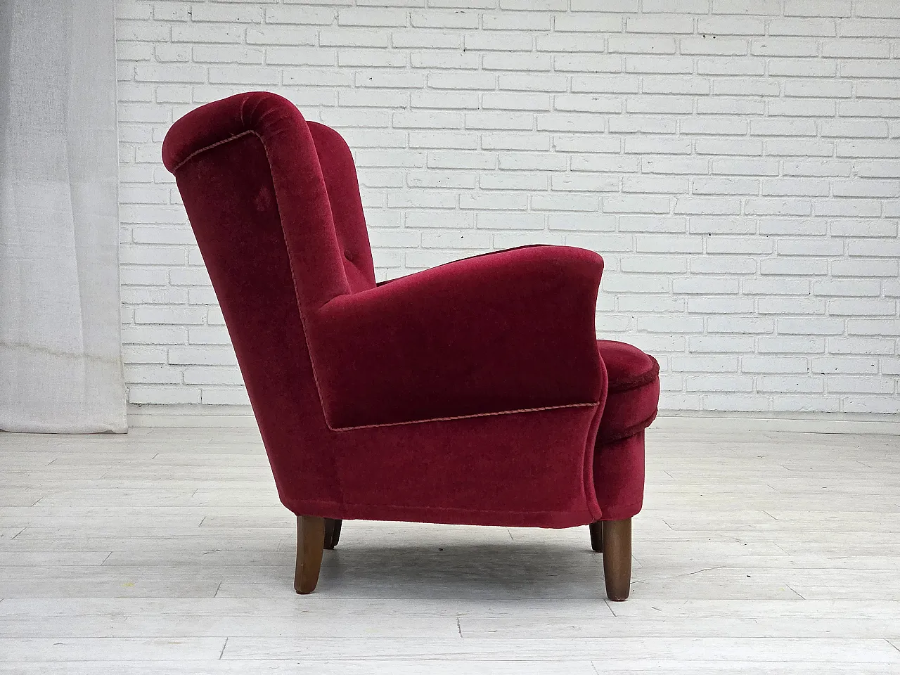 Danish armchair, cherry-red furniture velour, beech wood legs, 1960s 10