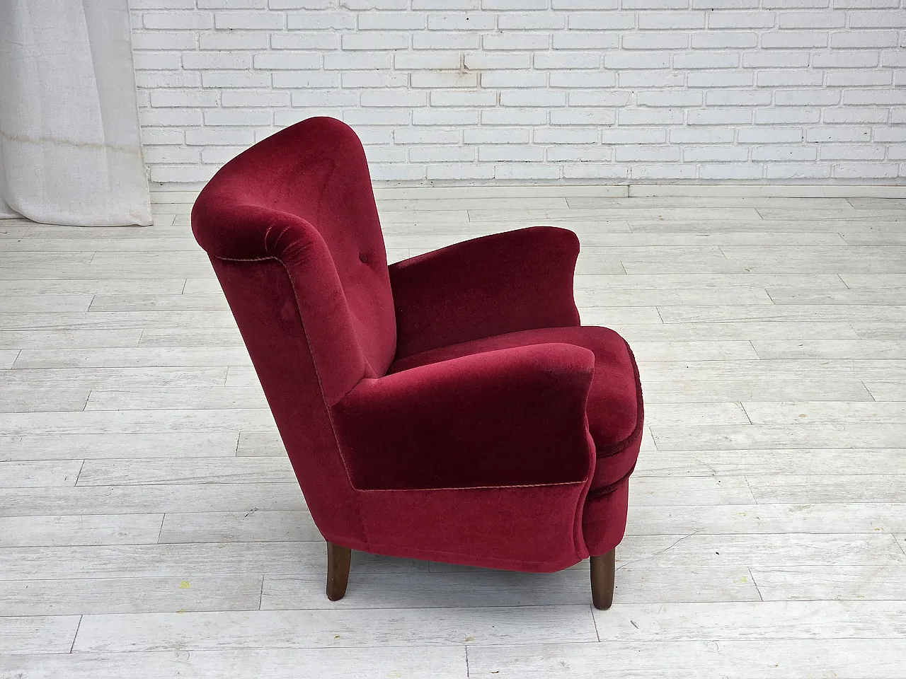 Danish armchair, cherry-red furniture velour, beech wood legs, 1960s 11