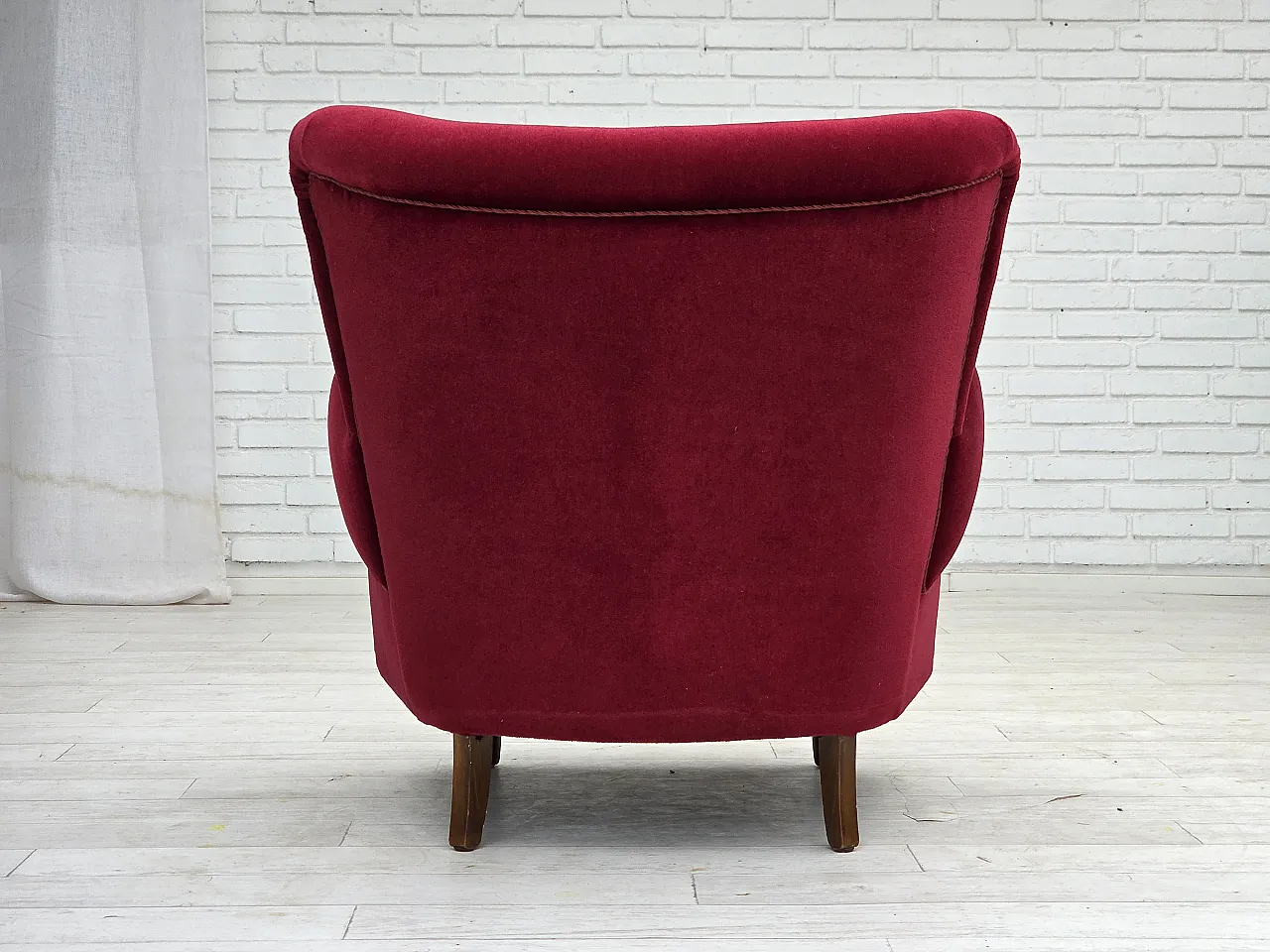 Danish armchair, cherry-red furniture velour, beech wood legs, 1960s 13