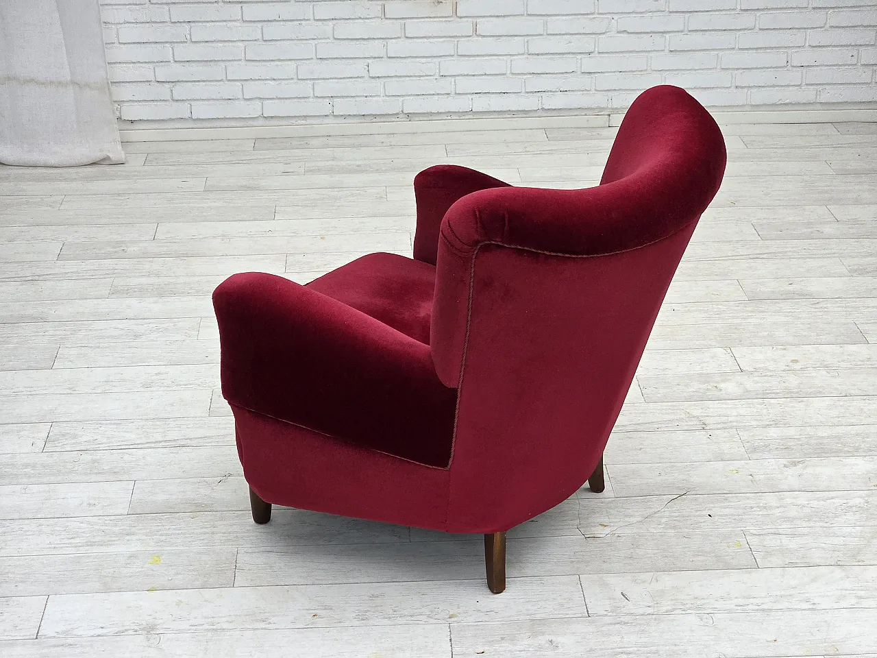 Danish armchair, cherry-red furniture velour, beech wood legs, 1960s 14
