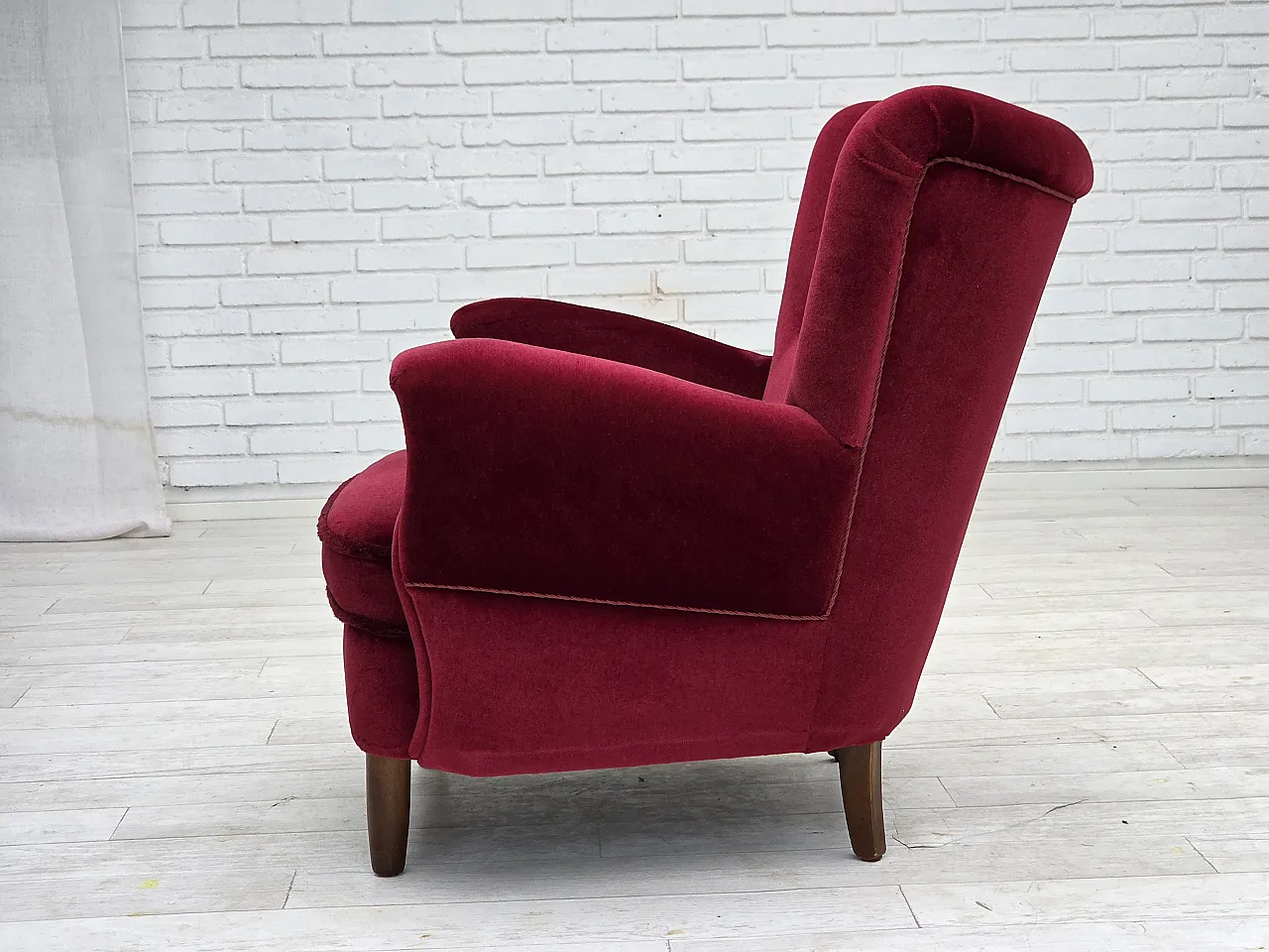 Danish armchair, cherry-red furniture velour, beech wood legs, 1960s 15
