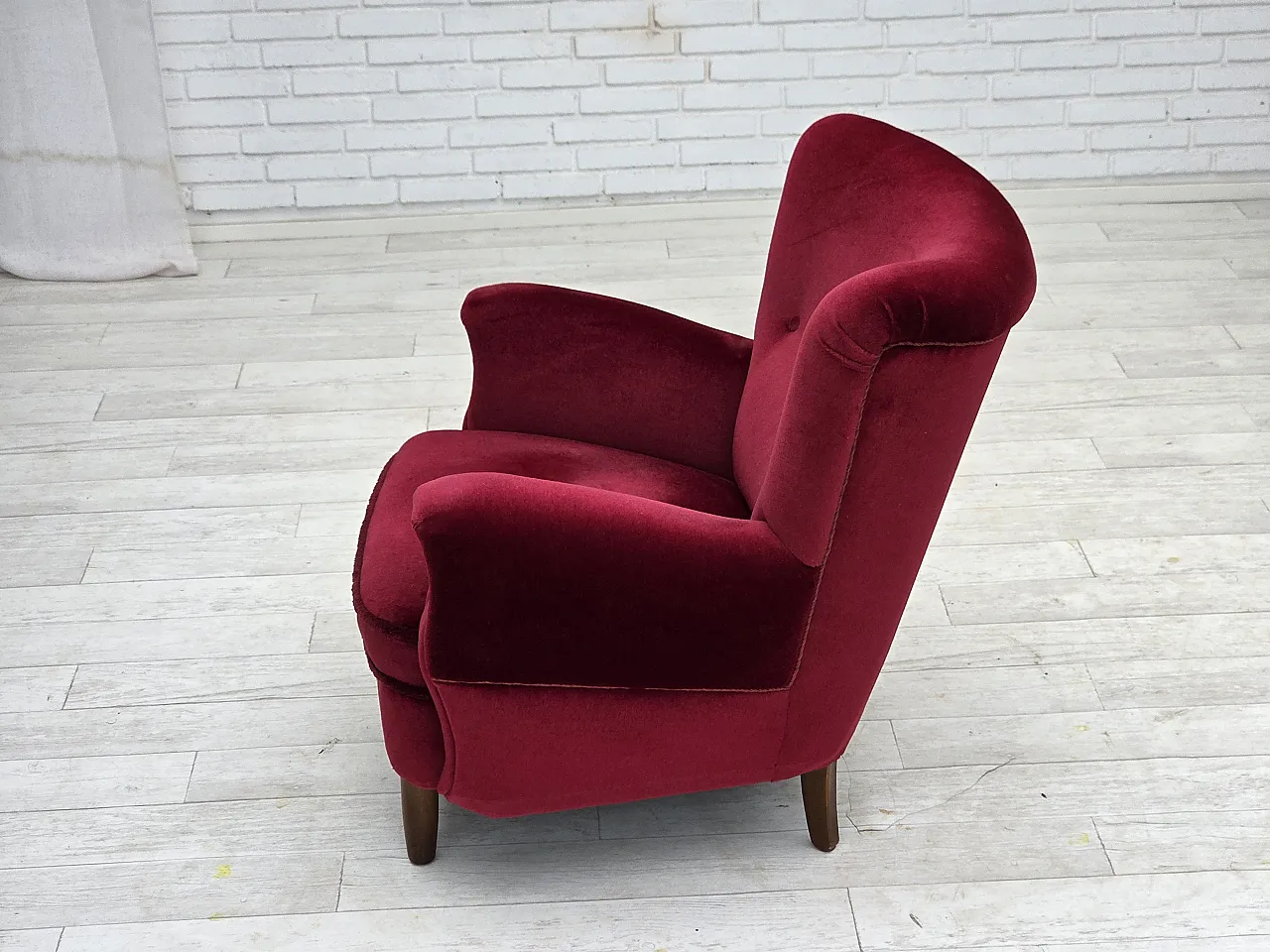 Danish armchair, cherry-red furniture velour, beech wood legs, 1960s 16