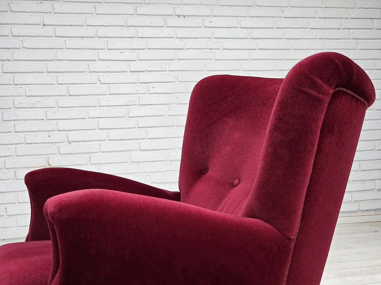 Danish armchair, cherry-red furniture velour, beech wood legs, 1960s 17