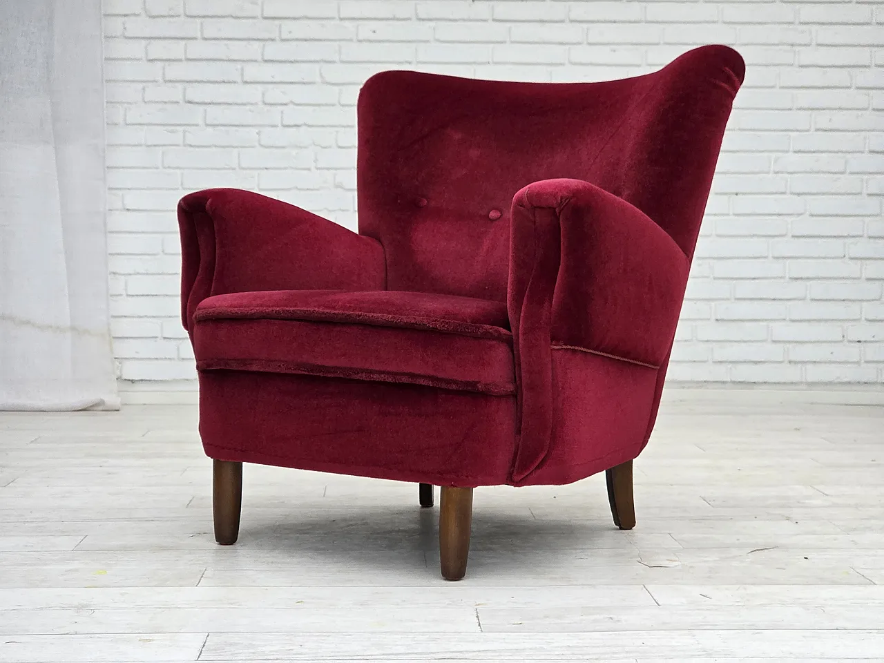 Danish armchair, cherry-red furniture velour, beech wood legs, 1960s 18