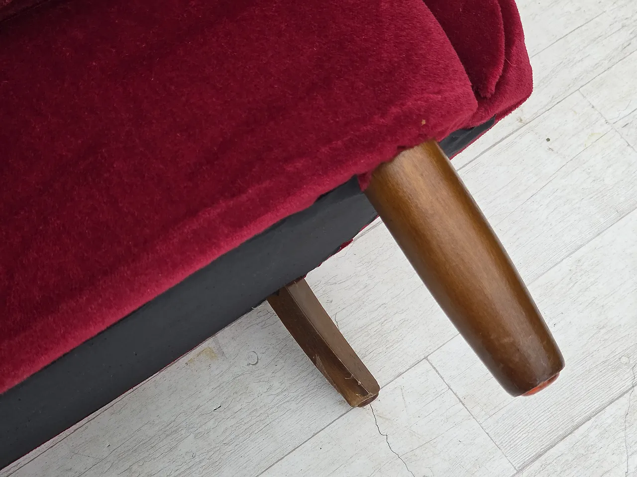 Danish armchair, cherry-red furniture velour, beech wood legs, 1960s 20