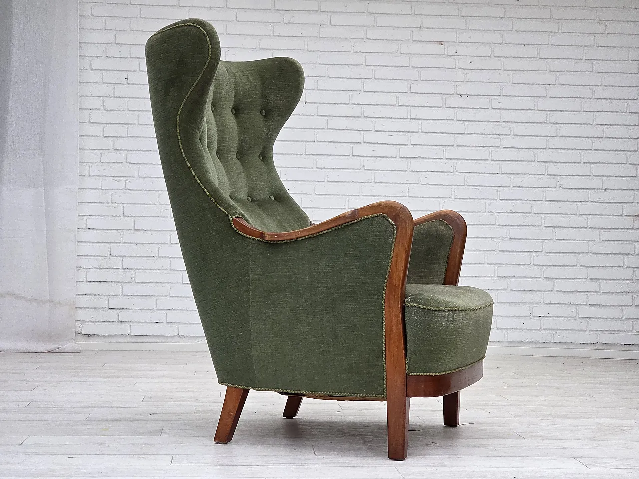 Danish highback armchair, green velour, teak wood, 1960s 1