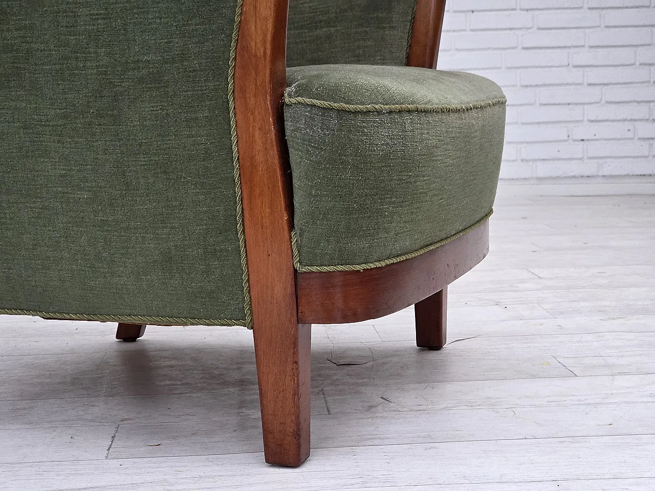 Danish highback armchair, green velour, teak wood, 1960s 2