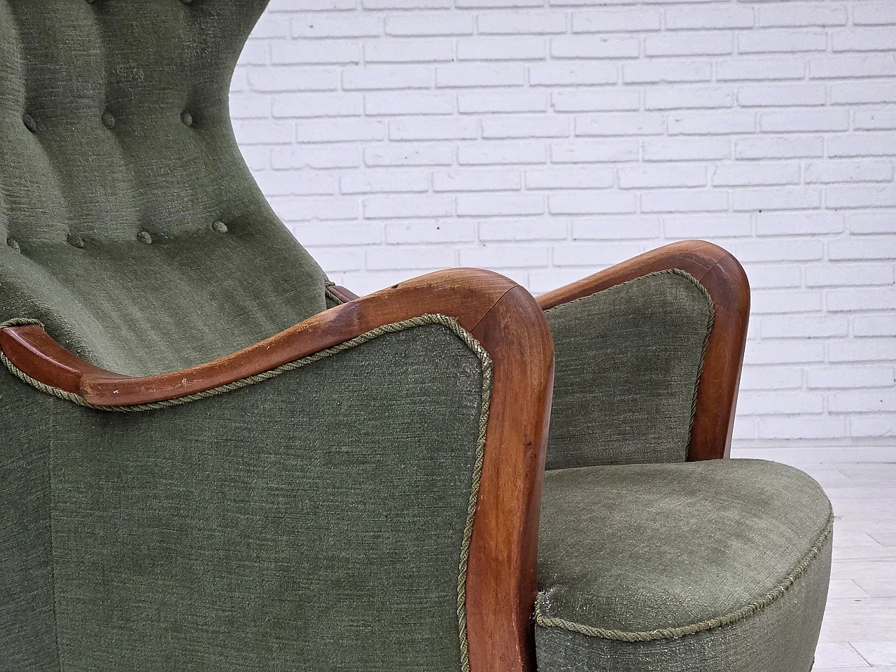 Danish highback armchair, green velour, teak wood, 1960s 3