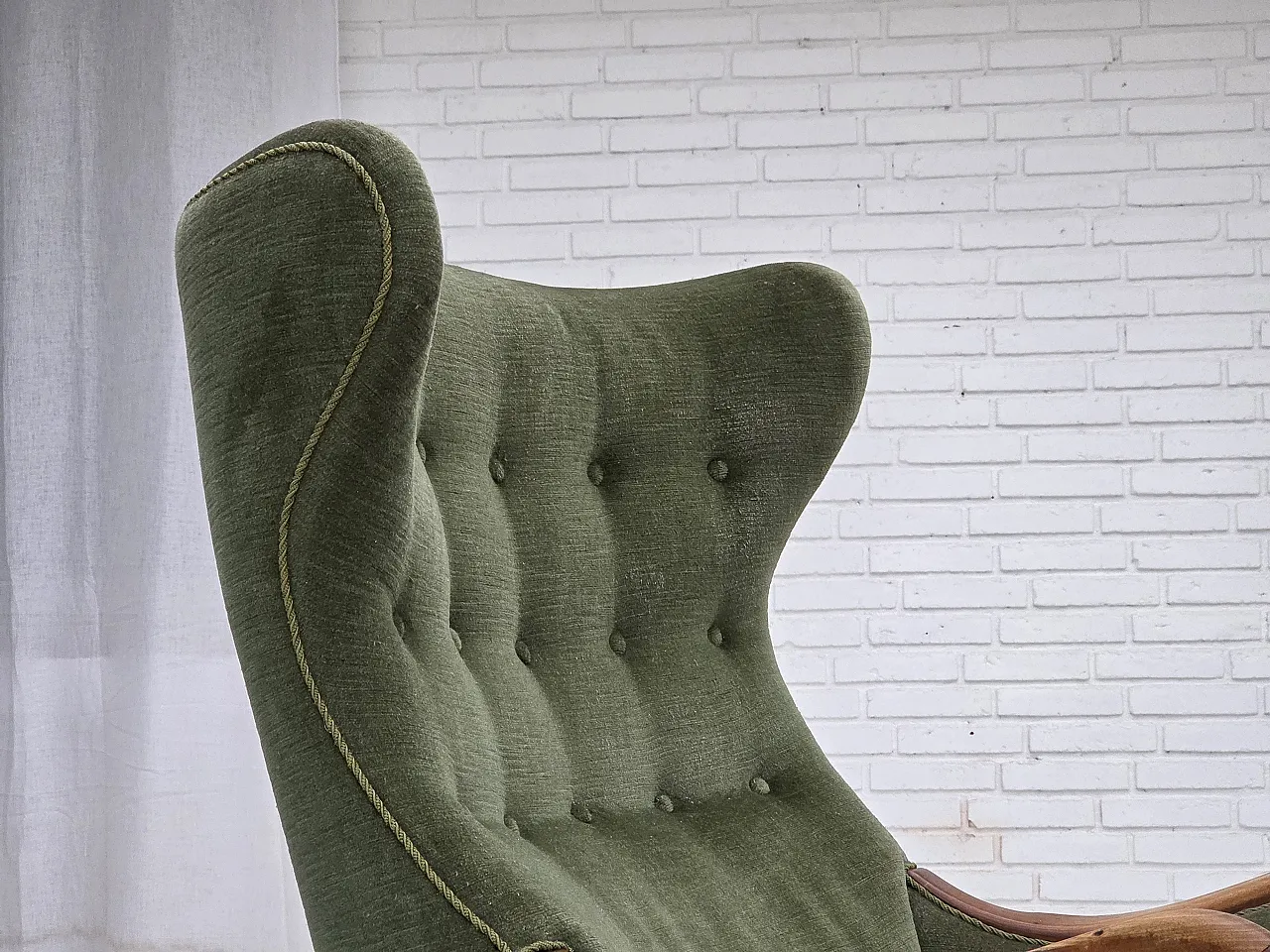 Danish highback armchair, green velour, teak wood, 1960s 4