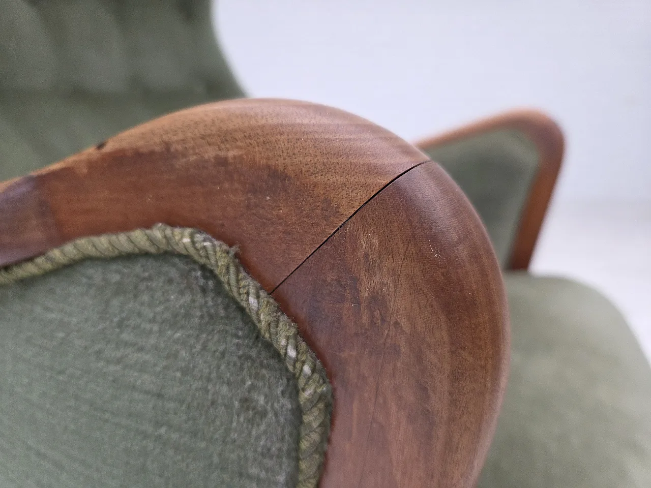 Danish highback armchair, green velour, teak wood, 1960s 5