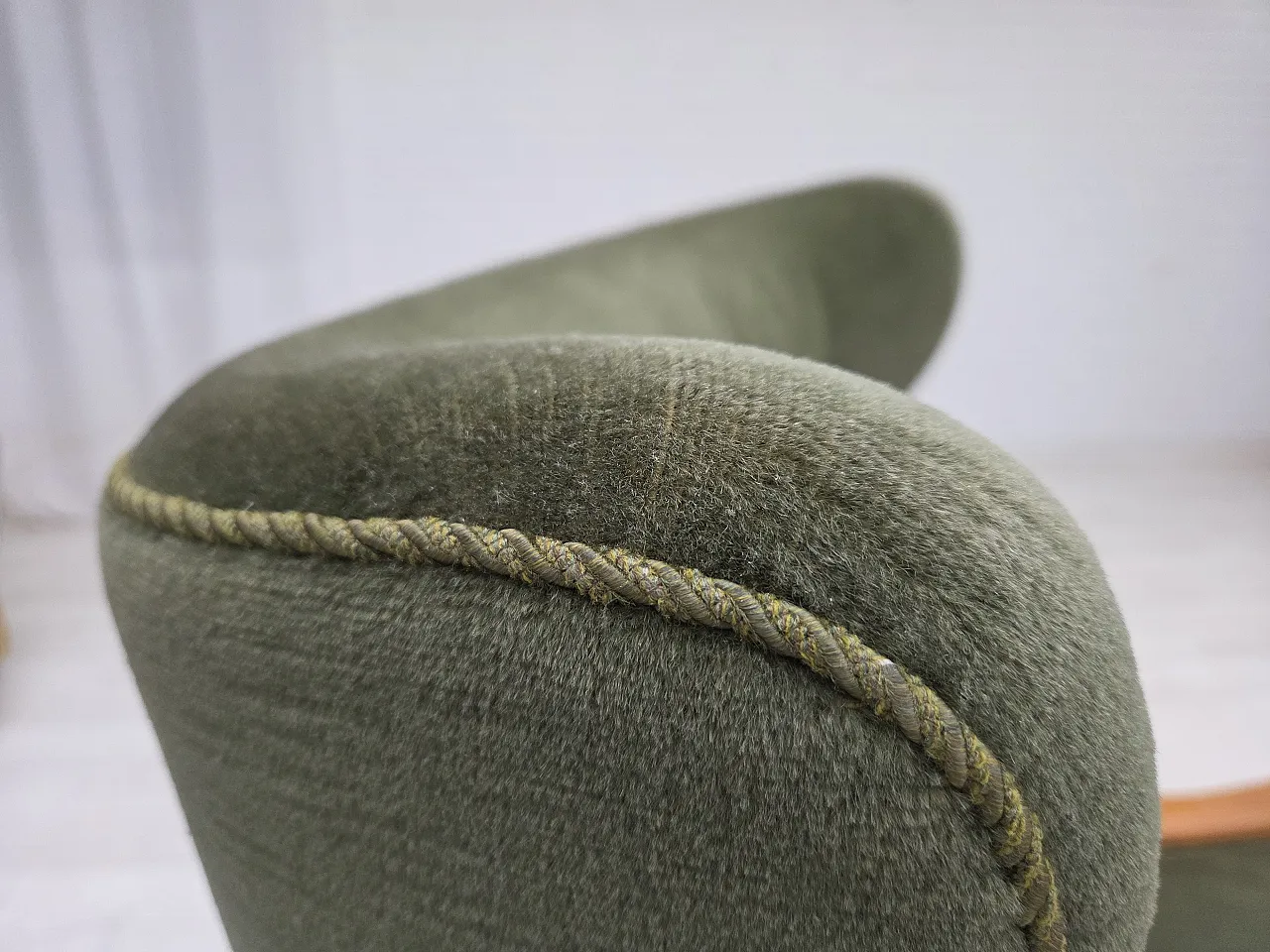 Danish highback armchair, green velour, teak wood, 1960s 6