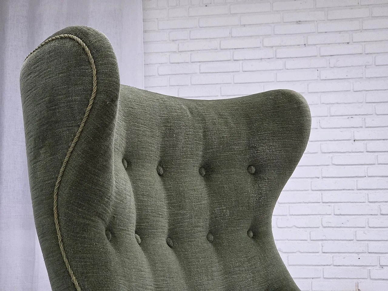 Danish highback armchair, green velour, teak wood, 1960s 7
