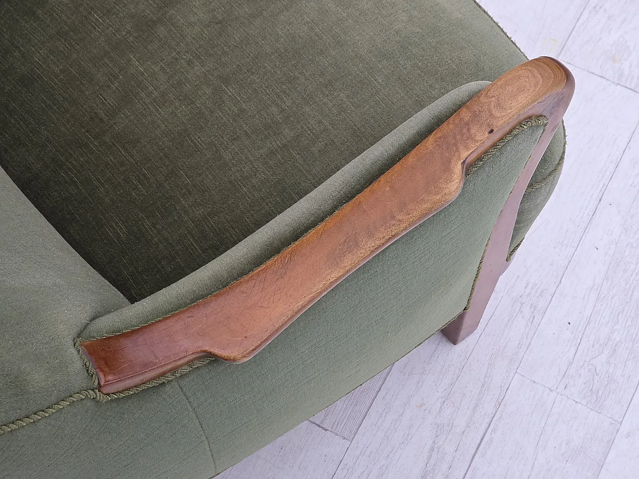 Danish highback armchair, green velour, teak wood, 1960s 8