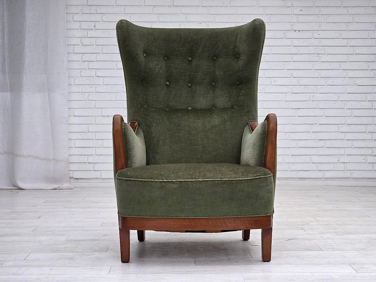 Danish highback armchair, green velour, teak wood, 1960s 10