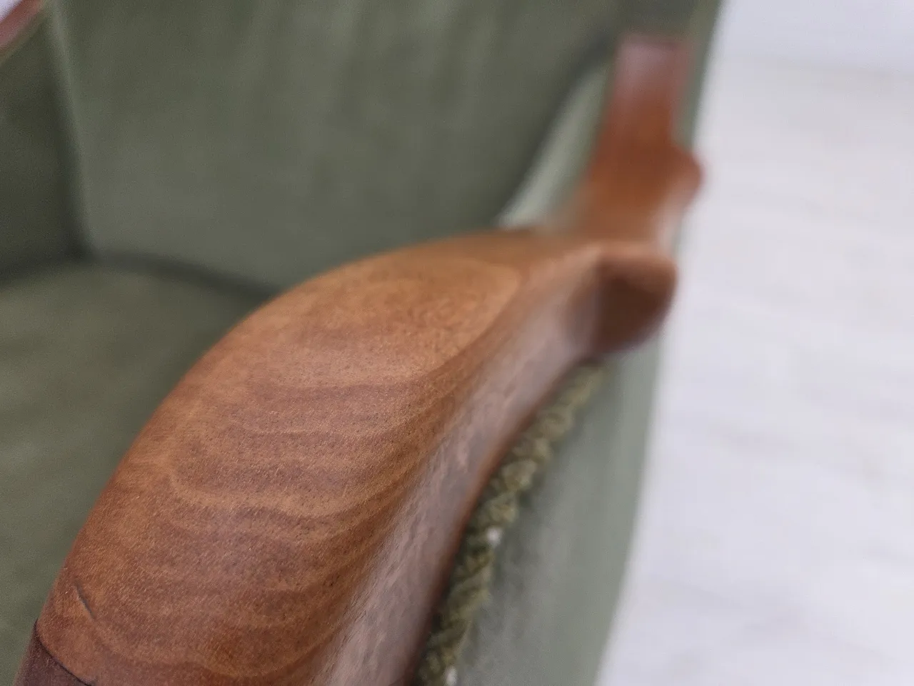 Danish highback armchair, green velour, teak wood, 1960s 11