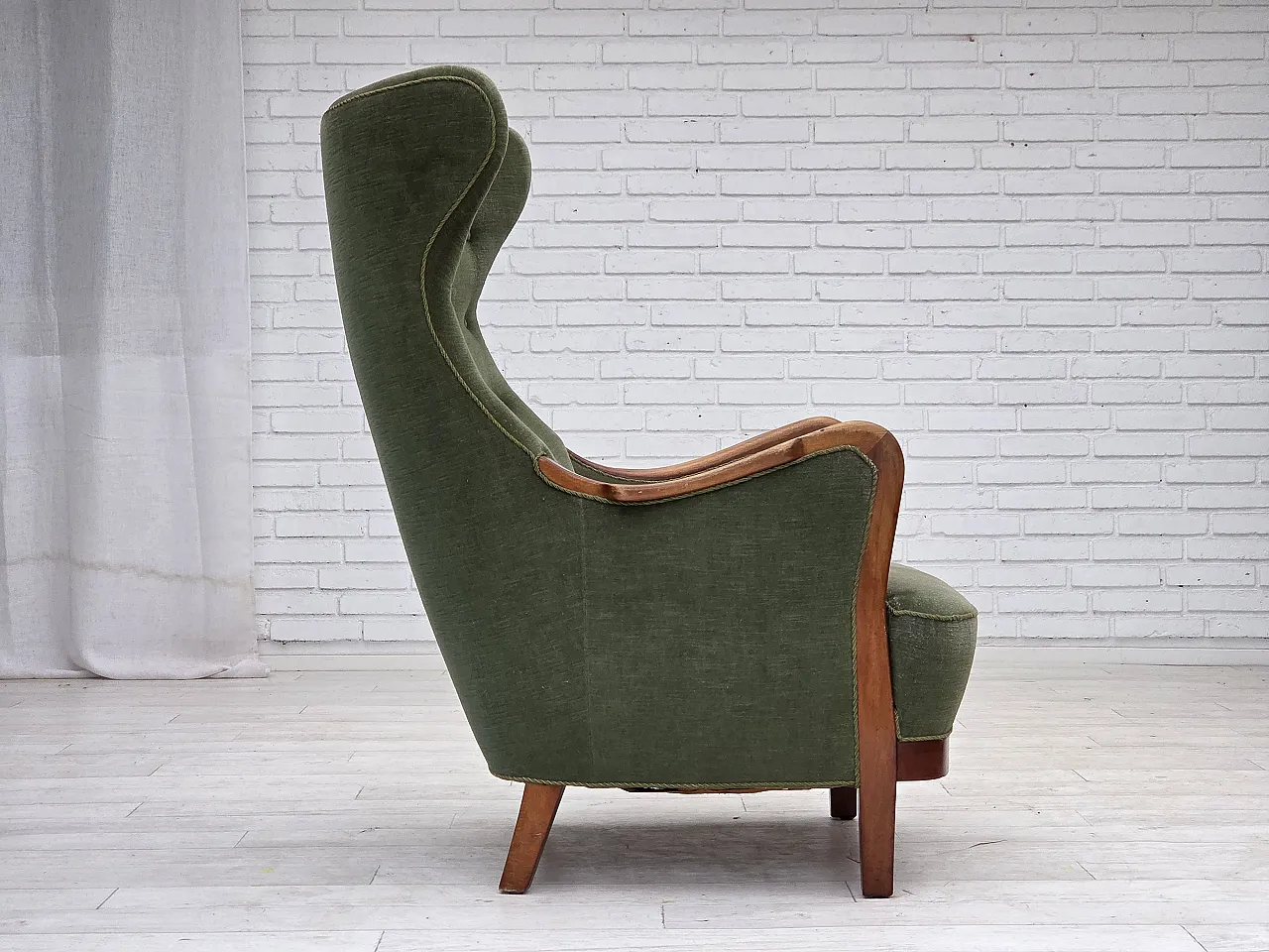 Danish highback armchair, green velour, teak wood, 1960s 12