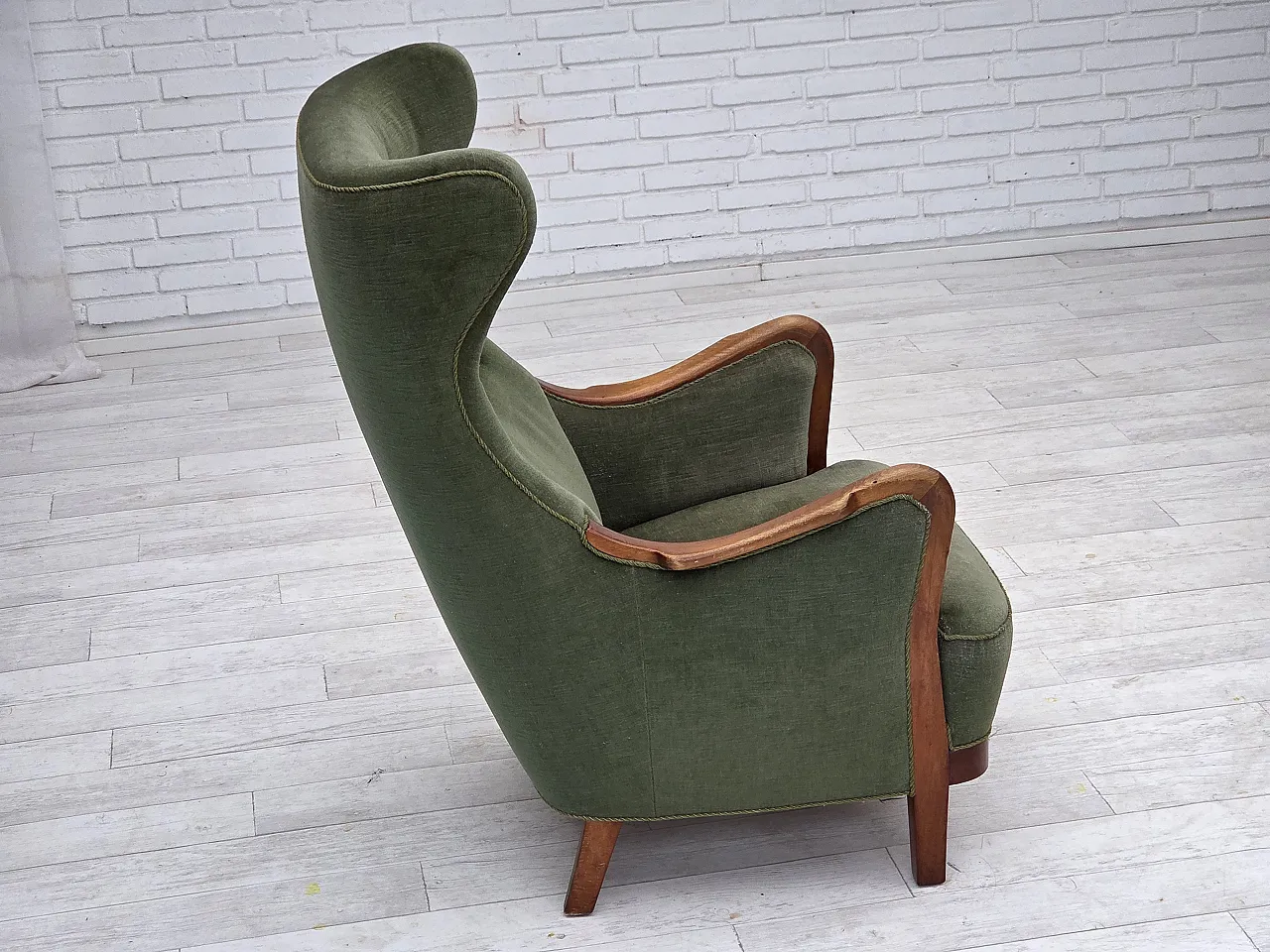 Danish highback armchair, green velour, teak wood, 1960s 13
