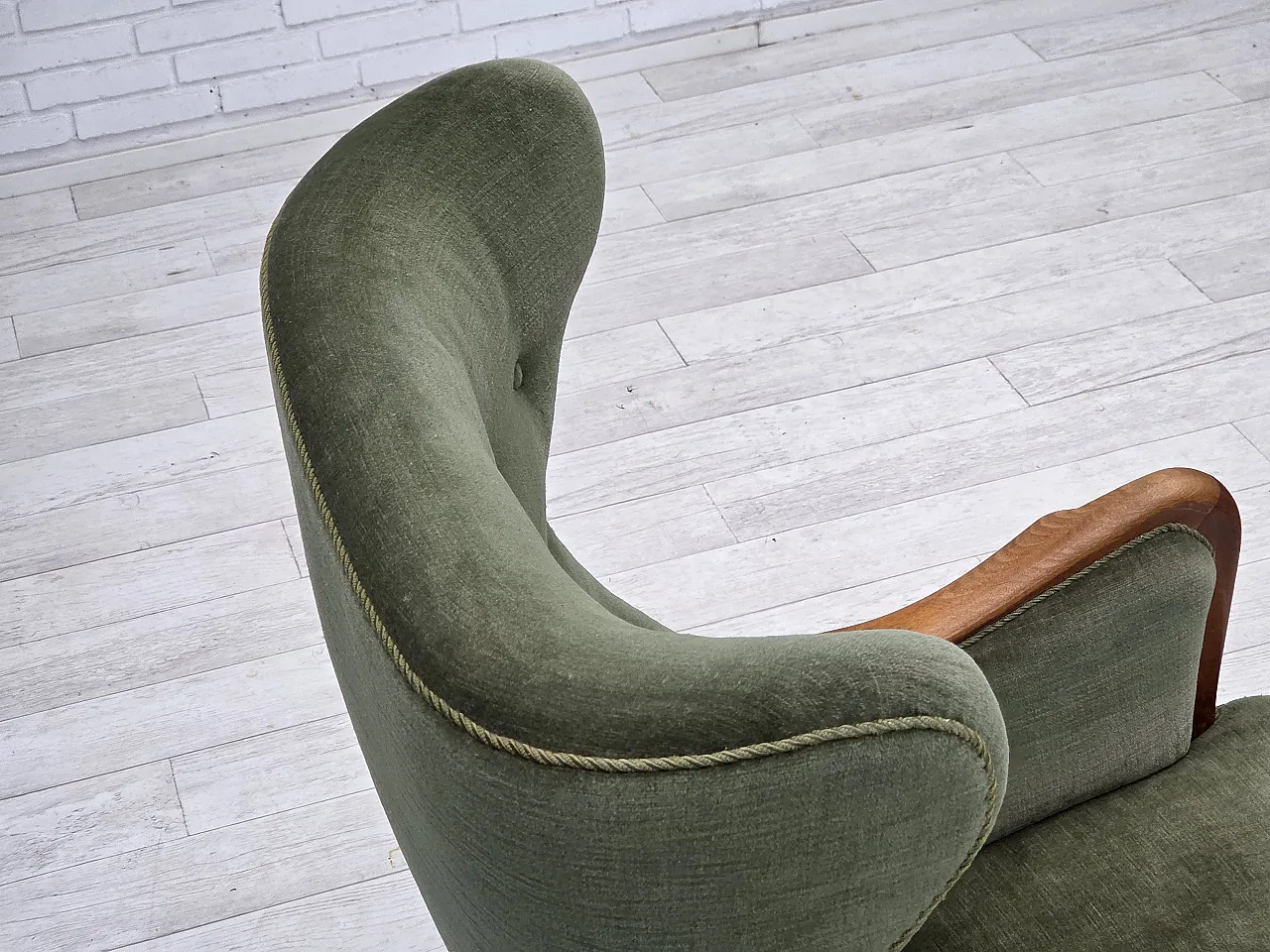 Danish highback armchair, green velour, teak wood, 1960s 14