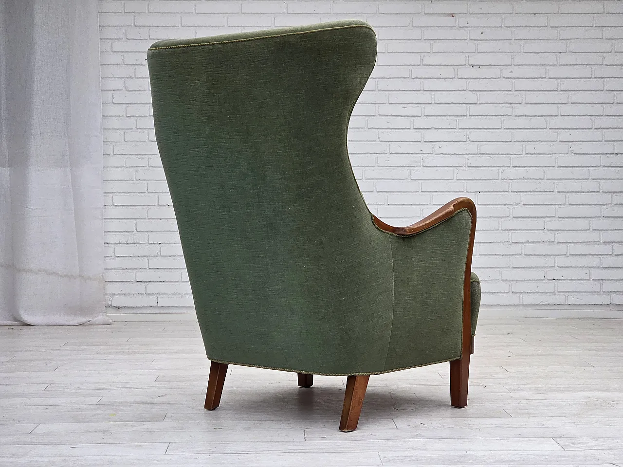 Danish highback armchair, green velour, teak wood, 1960s 15