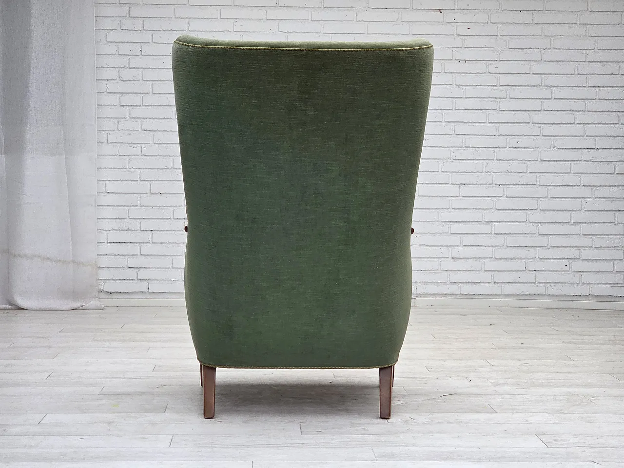 Danish highback armchair, green velour, teak wood, 1960s 17