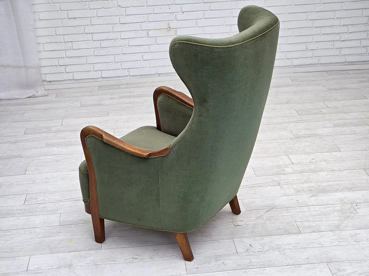 Danish highback armchair, green velour, teak wood, 1960s 18