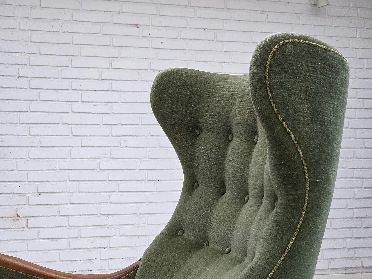 Danish highback armchair, green velour, teak wood, 1960s 19