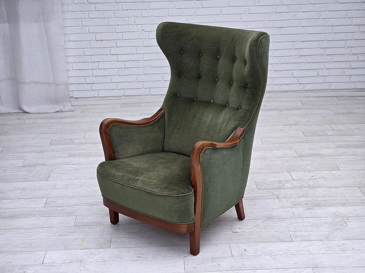 Danish highback armchair, green velour, teak wood, 1960s 20