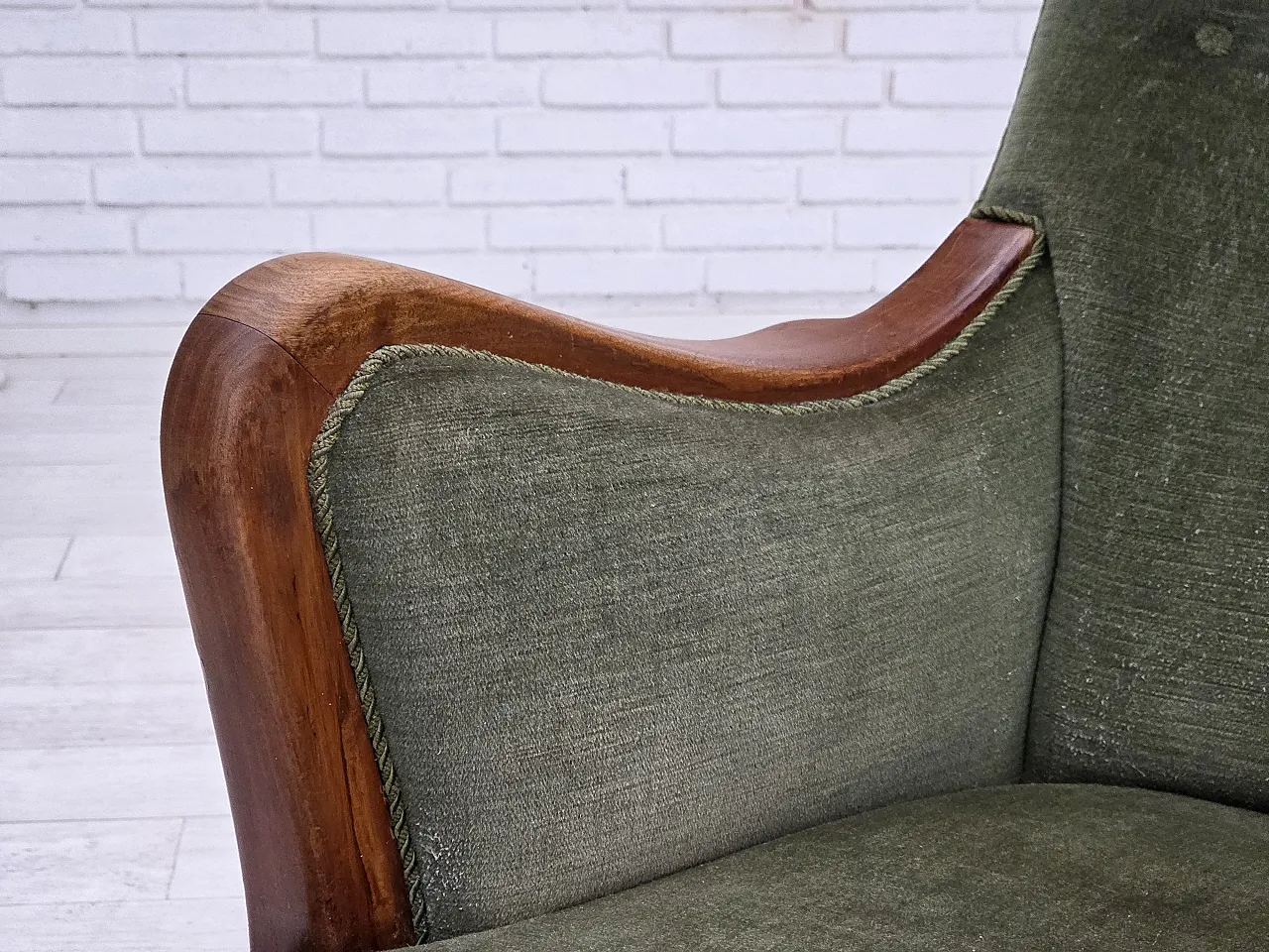 Danish highback armchair, green velour, teak wood, 1960s 21