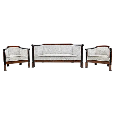 Pair of armchairs with Biedermeier sofa in mahogany, 19th century