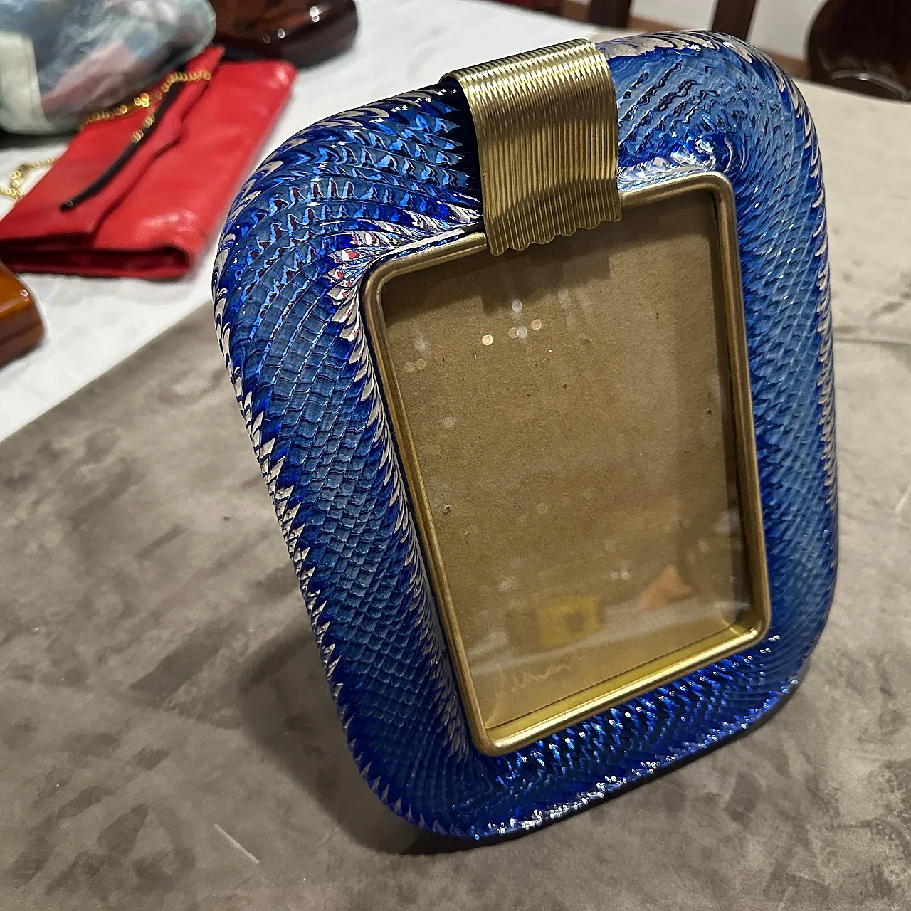 Art Deco frame in blue Murano glass and brass by Barovier, 1990s 2