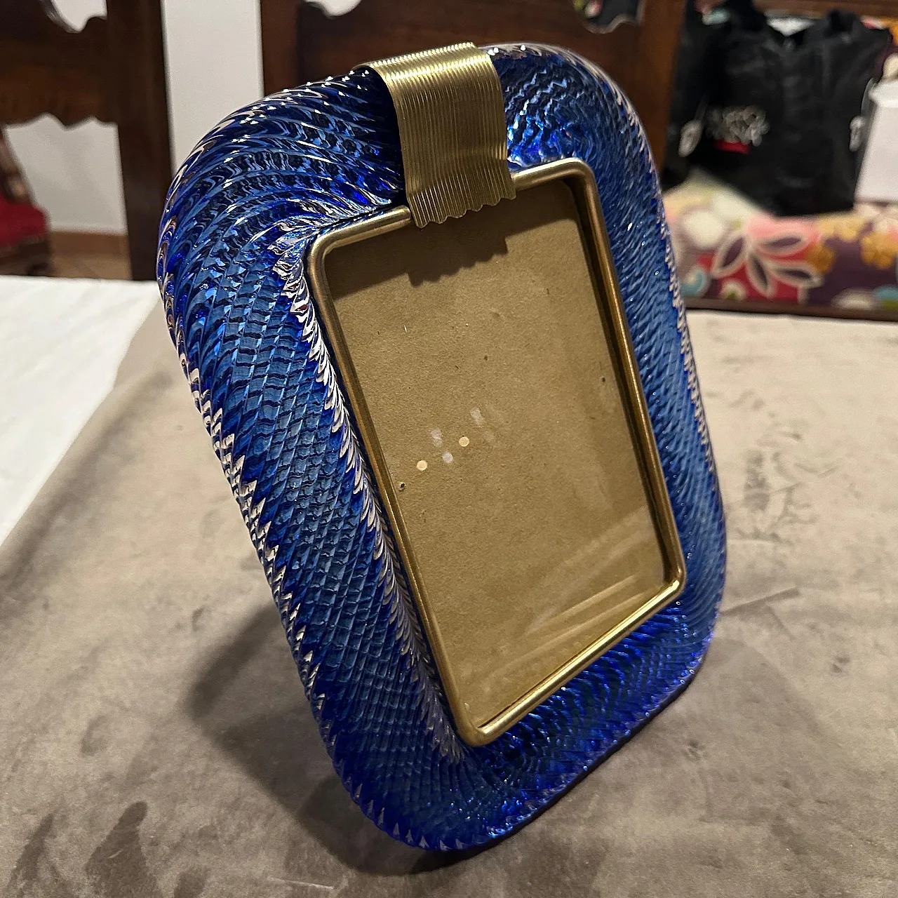 Art Deco frame in blue Murano glass and brass by Barovier, 1990s 3