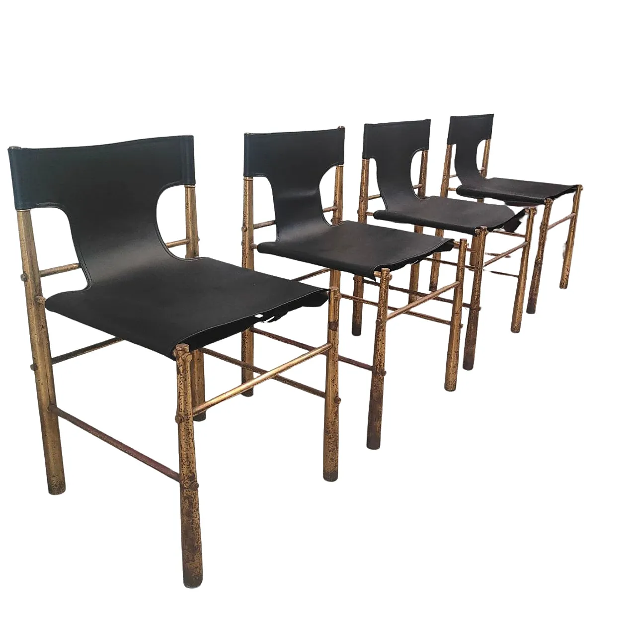 Sedie in ottone e pelle in stile Frigerio, anni 70, Italia 1