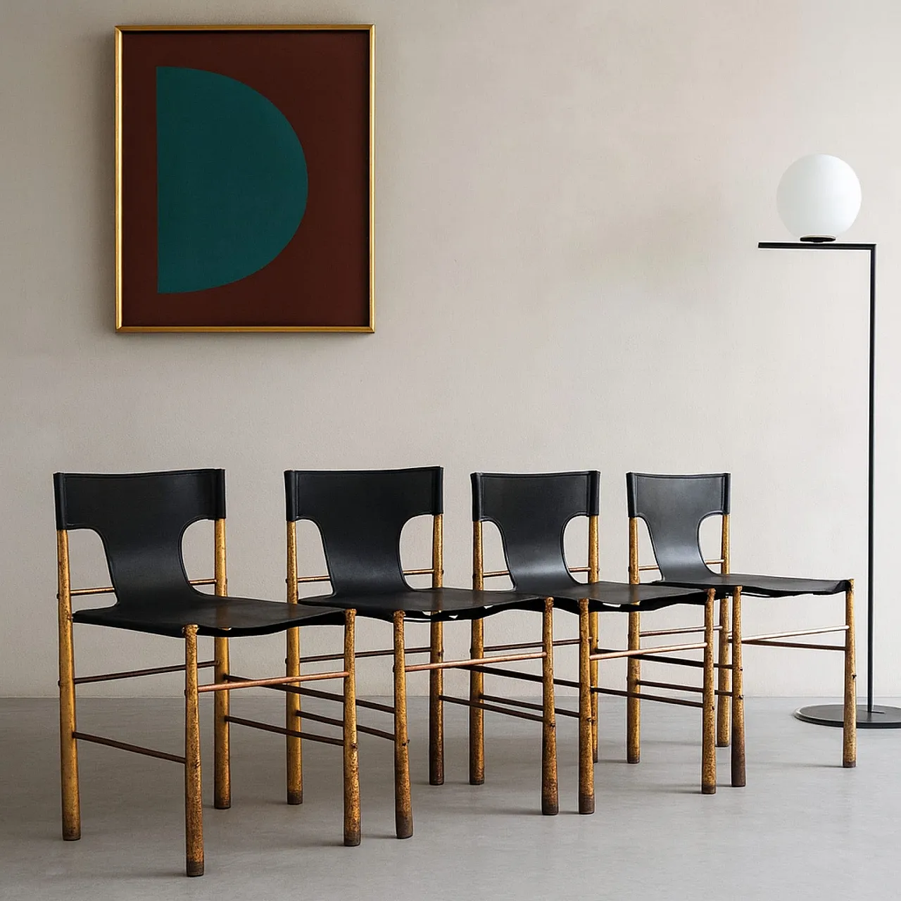 Sedie in ottone e pelle in stile Frigerio, anni 70, Italia 7